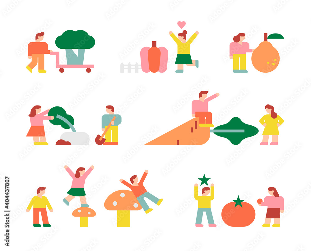 Vegan life concept. People are having fun around the big vegetables. Vegan life concept. People are having fun around the big vegetables.