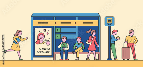 Bus Stop poster. Various people waiting for the bus.