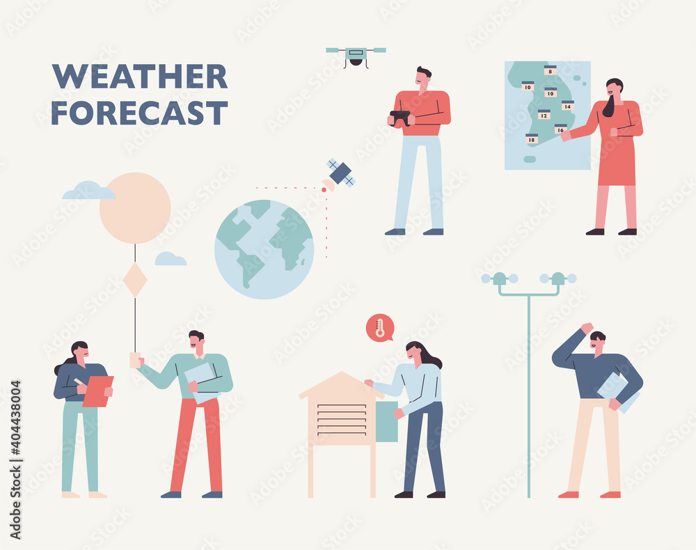 Weather station experts. People who predict and forecast the weather with various equipment. Weather station experts. People who predict and forecast the weather with various equipment.