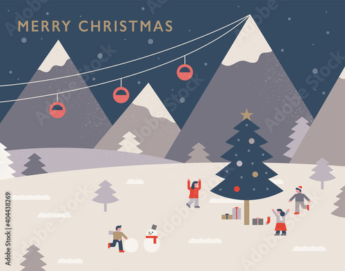 winter nature landscape. simple background illustration. People are having fun around the Christmas tree.