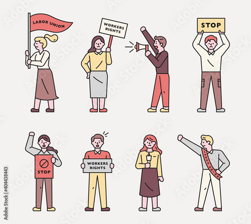Protesting people character collection. People are making their arguments with pickets and flags.