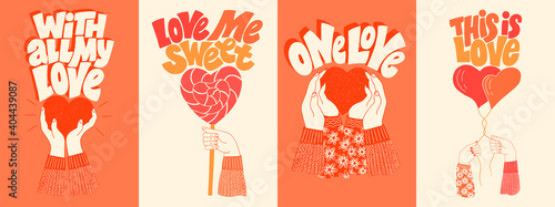 Vector card set for valentines day. Romantic collection for social media, print, t-shirt, card, poster, gift, landing page, web design elements. Hand-drawn lettering typography. Doodle illustration.