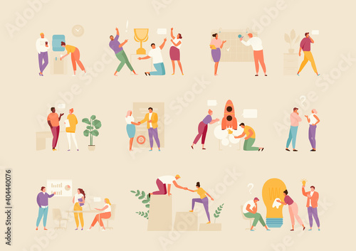 Business people in the office. Working moments of office life. Team and collaboration. Vector illustration set