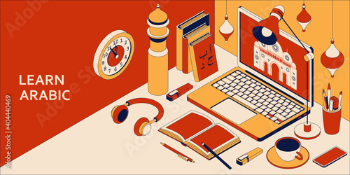 Learn Arabic language isometric concept with open laptop, books, headphones, and coffee. Translation a, b, w, y letters.