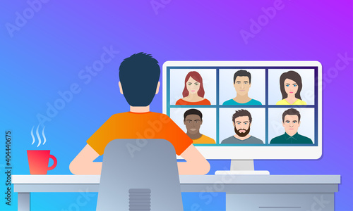Video conference, virtual work, online learning. Man at a desk talking to a group of people on a computer screen. Home office, virtual call or chat concept. Vector illustration.