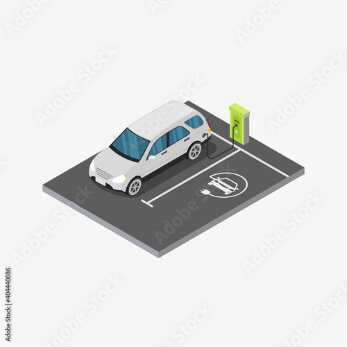 Isometric electric vehicle charging station design concept vector illustration