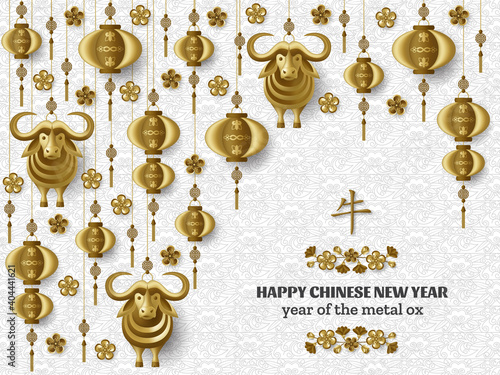 Happy Chinese New Year background with creative golden metal ox, sakura branches, hanging lanterns