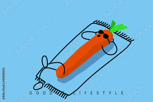 Carrot lie down on the mat wearing sunglasses on holiday in summer, orange background.