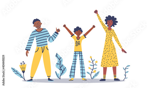 Black family: woman, man, child standing together. Concept: diversity, equality, tolerance Anti-racism vector stock illustration isolated. African american people protest against racial discrimination