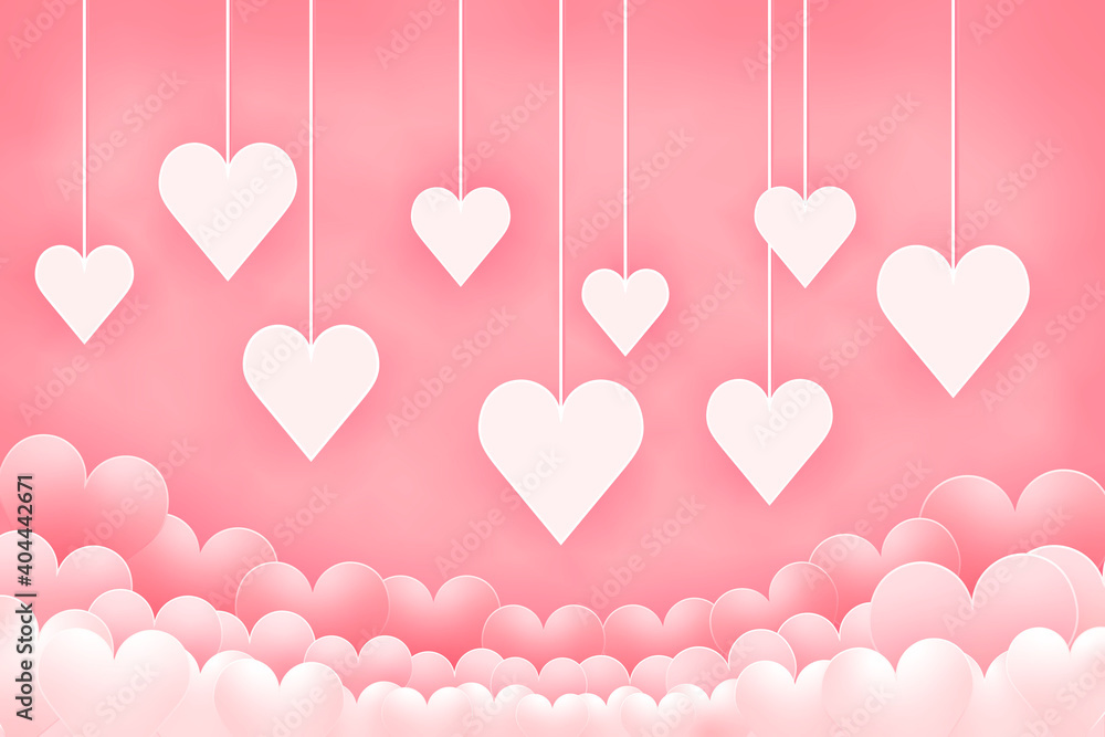 Clouds of pink hearts. Flying hearts in the air on a pink background. Background concept of Valentine's Day.
