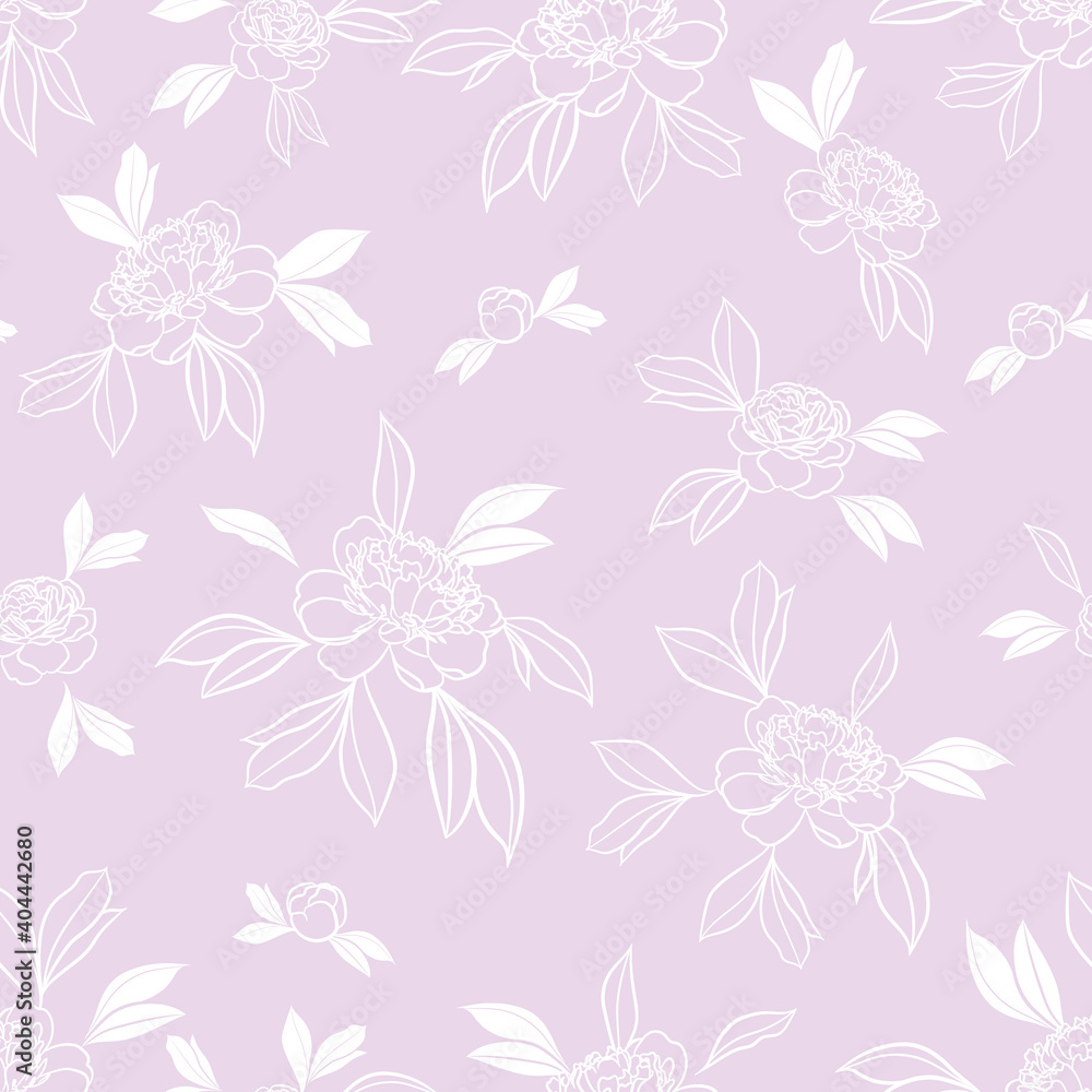 Pastel purple and white peony floral vector repeat pattern, cute.