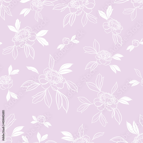 Pastel purple and white peony floral vector repeat pattern, cute.