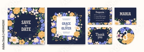 Set of wedding invitation cards and labels with flowers. Floral elegant save the date templates with delphiniums, irises, clematis, peonies and roses. Colorful flat vector illustration photo