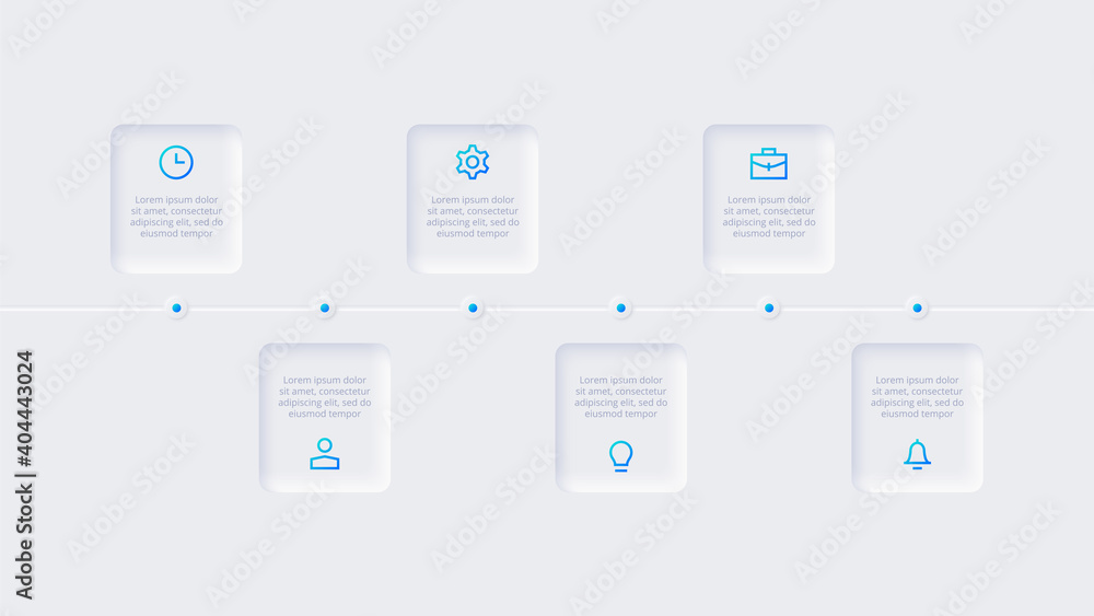 Neumorphic timeline infographic. Template for diagram, graph, presentation and chart. Skeuomorph concept with 6 options, parts, steps or processes Neumorphic timeline infographic. Template for diagram, graph, presentation and chart. Skeuomorph concept with 6 options, parts, steps or processes