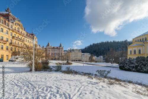 Goethe square in winter under snow - small west bohemian spa town Marianske Lazne (Marienbad) - Czech Republic - Europe