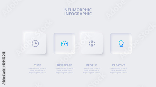 Neumorphic buttons for infographic. Template for diagram, graph, presentation and chart. Skeuomorph concept with 4 options, parts, steps or processes