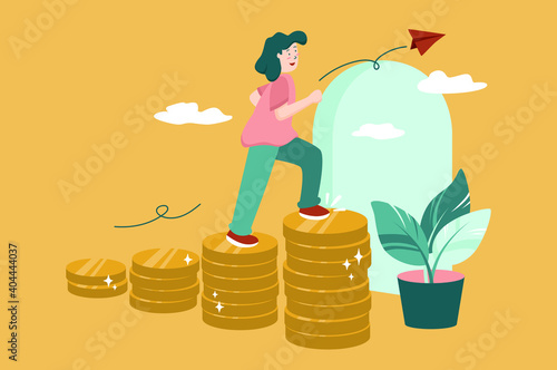 Vector illustration of women on  investment profits. Saving money. Indoor plant. 