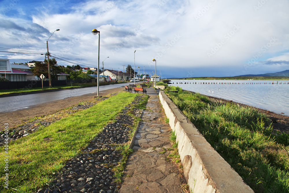 The promenade in the center of Puerto Natales, Chile