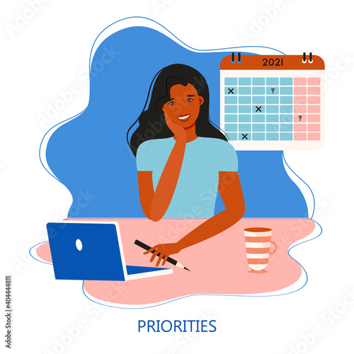 Priorities in work, agenda. Happy woman plans work and sets the task priorities. Concept of task completion, planning, time management. Funny female character in trendy style. Vector illustration.

