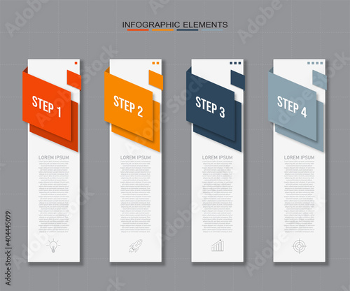 Colorful  rectangular infographics elements, Thin line pictograms, pointers and text box, Concept of business model with 4 successive steps, Modern design template, Steps or processes.