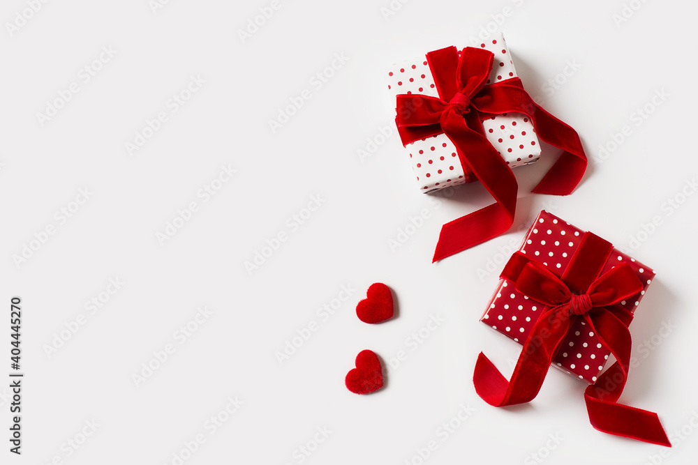 Red gift boxes with ribbon flat lay on white background, Red gift boxes with ribbon flat lay on white background,