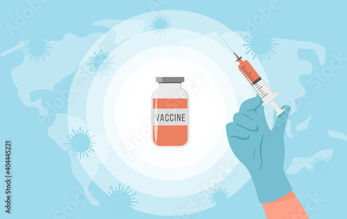 Development and creation of COVID-19 vaccine. Doctor hand in medical glove holding syringe and vaccine ampoule bottle in centre on blue world map. Vaccination or medical injection vector illustration.