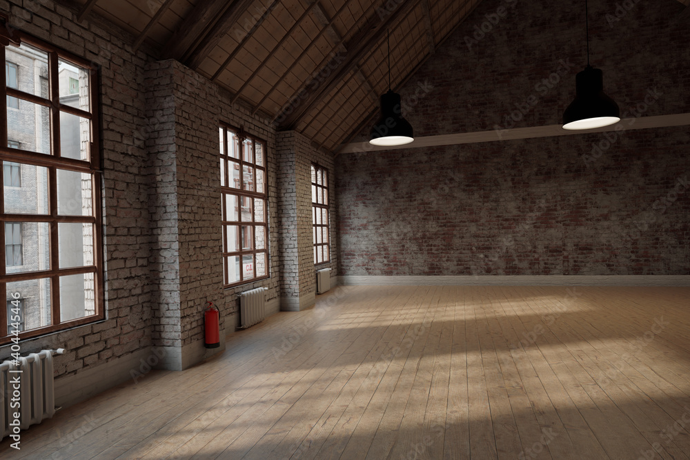 Fototapeta premium 3d rendering of empty studio loft with white grunge bricks walls