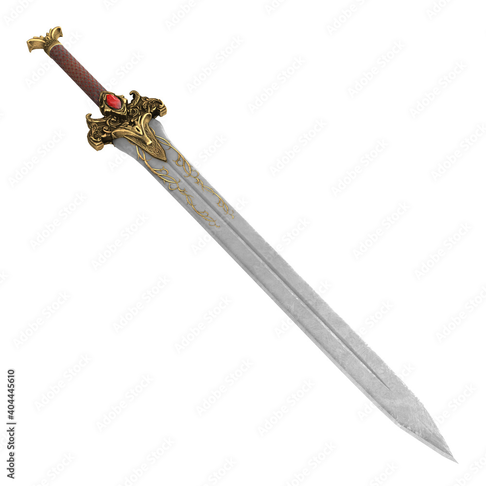 fantasy golden sword with long blade on isolated white background. 3d illustration fantasy golden sword with long blade on isolated white background. 3d illustration