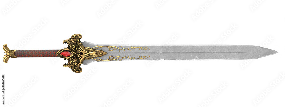 fantasy golden sword with long blade on isolated white background. 3d illustration - obrazy, fototapety, plakaty 