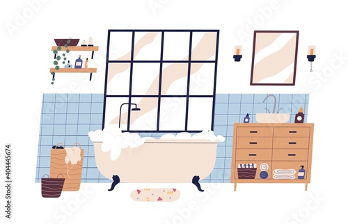 Modern scandinavian bathroom interior furnished with bathtub and washstand. Foamy bath tub in cosy room. Colorful flat vector illustration isolated on white background