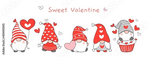 Draw banner cute gnomes for valentine day.