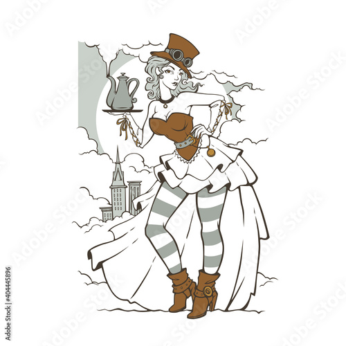 Steampunk girl holding a coffee pot, vector illustration