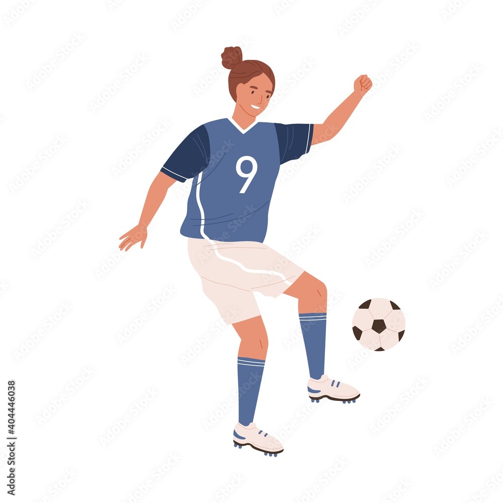 Female football player kicking ball by foot. Young woman playing soccer in blue sports clothes, boots and stockings. Colored flat vector illustration isolated on white background