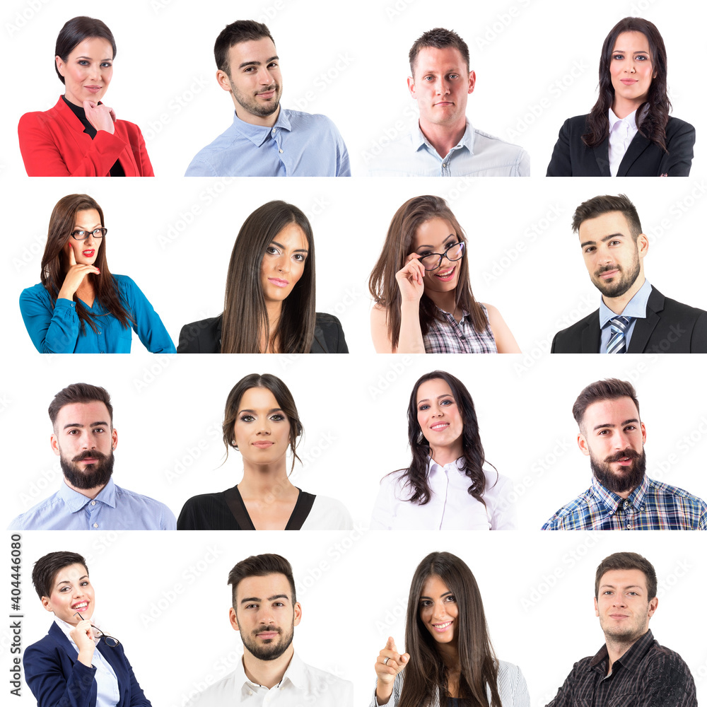 Collage of diverse happy successful confident young business people looking at camera isolated on white background. Collage of diverse happy successful confident young business people looking at camera isolated on white background.
