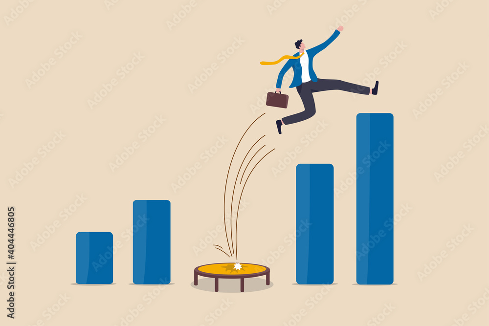 Ταπετσαρία Business challenge, revenue rebound and recover from economic crisis or earning and profit growth jump from bottom concept, strong businessman jumping from trampoline back to top of growing bar graph
