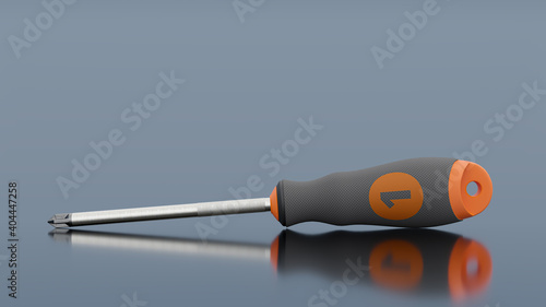 Screwdriver orange color on gray background. Clipping path and copy space for your text. Minimal idea concept. 3d Render.