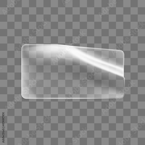 Transparent glued crumpled rectangle sticker mock up. Blank adhesive transparent paper or plastic sticker label with curled and wrinkled effect. 3d realistic vector icon
