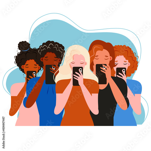Smartphone internet addiction awareness flat poster with people chatting with virtual friends and checking mails abstract vector illustration

