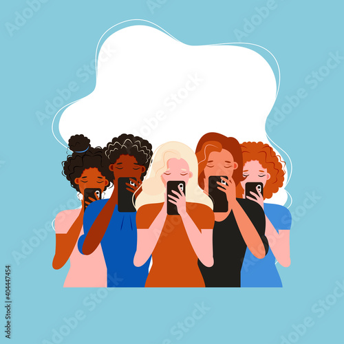 Smartphone internet addiction awareness flat poster with people chatting with virtual friends and checking mails abstract vector illustration

