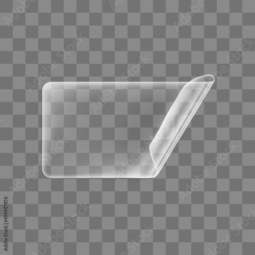 Transparent glued rectangle sticker with curled corner mock up. Blank adhesive transparent paper or plastic sticker label with curled and wrinkled effect. 3d realistic vector icon