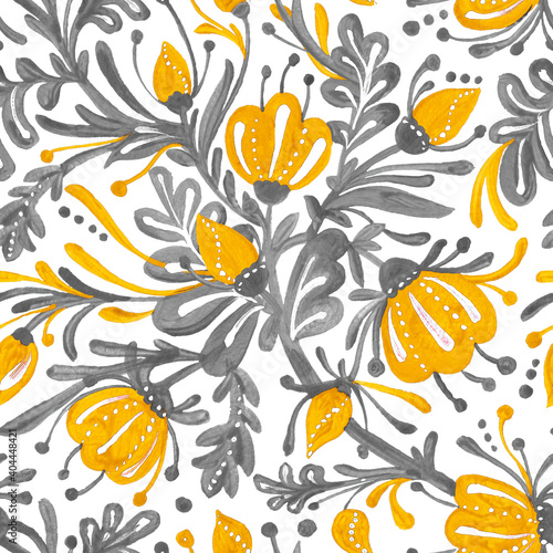 Seamless pattern in trending colors of 2021. Yellow flowers and buds and gray foliage. Pattren is great for textiles and wallpapers.