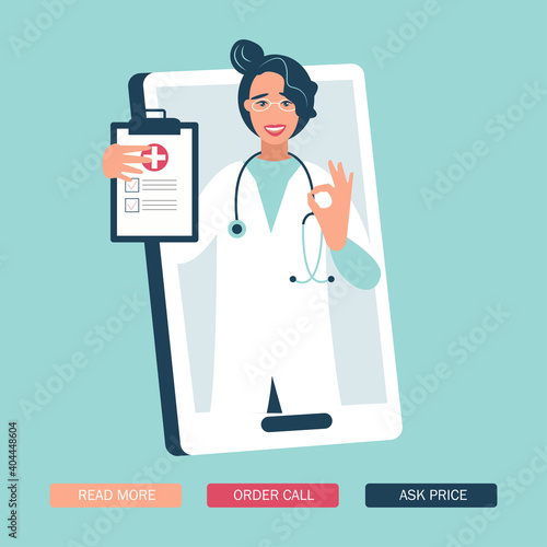 Virtual doctor app flat vector illustration. Mobile consultation, smart medical assistance. Modern telemedicine, eHealth concept, telehealth, Coronavirus Covid-19, quarantine motivational poster.

