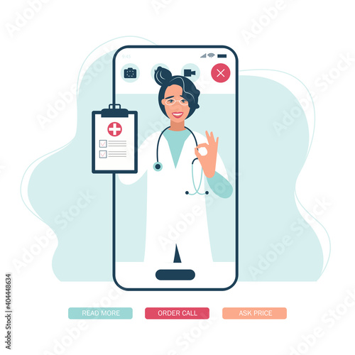 Virtual doctor app flat vector illustration. Mobile consultation, smart medical assistance. Modern telemedicine, eHealth concept, telehealth, Coronavirus Covid-19, quarantine motivational poster.

