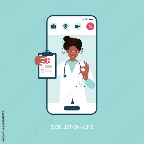 Virtual doctor app flat vector illustration. Mobile consultation, smart medical assistance. Modern telemedicine, eHealth concept, telehealth, Coronavirus Covid-19, quarantine motivational poster.

