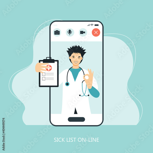 Virtual doctor app flat vector illustration. Mobile consultation, smart medical assistance. Modern telemedicine, eHealth concept, telehealth, Coronavirus Covid-19, quarantine motivational poster.

