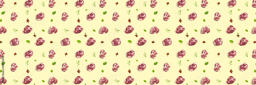 background with raw pork meat slices on yellow background, raw food background, not pattern, banner wide shoot background with raw pork meat slices on yellow background, raw food background, not pattern, banner wide shoot