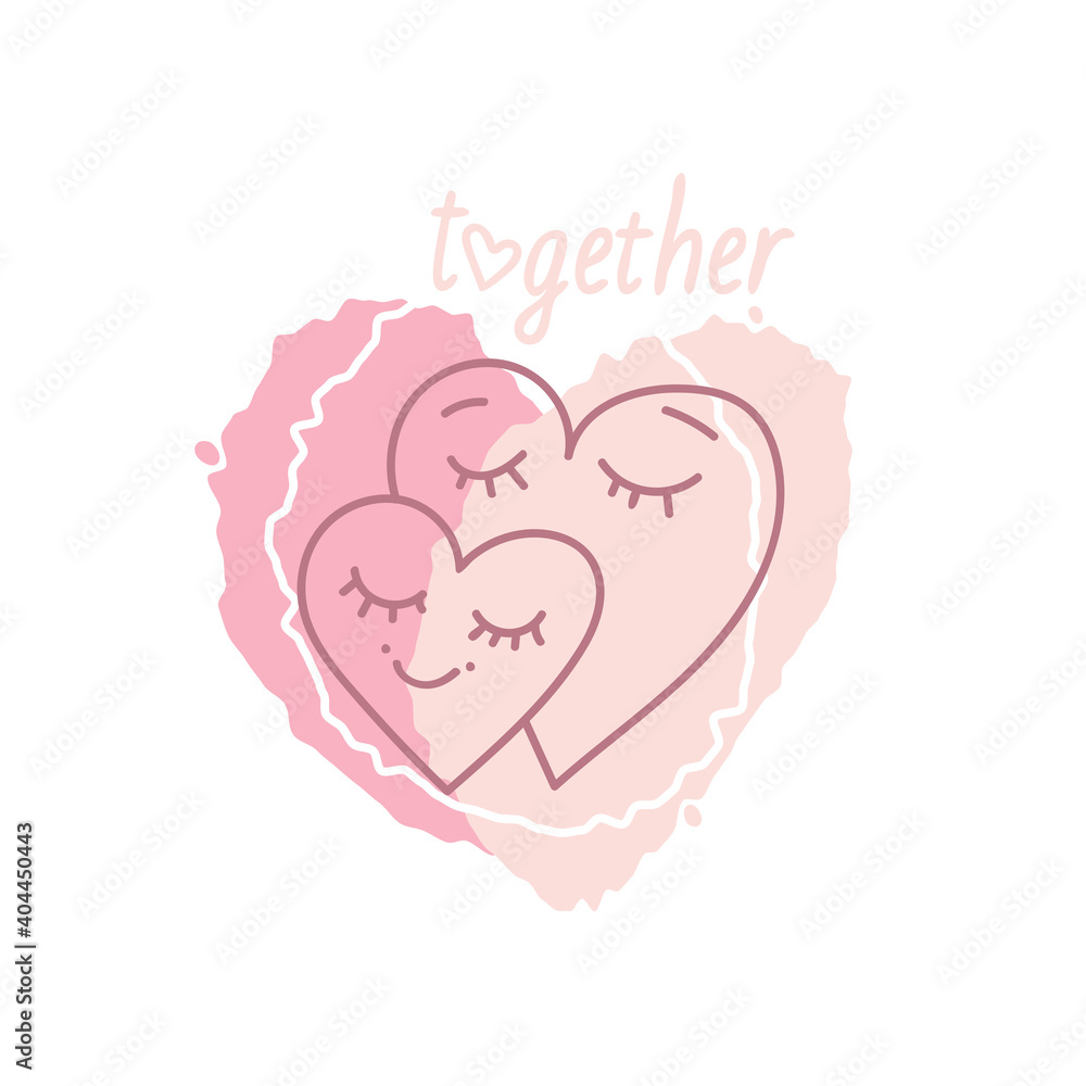 Romantic vector illustration for Valentine's Day and wedding. Two loving hearts together on the background of a big heart.