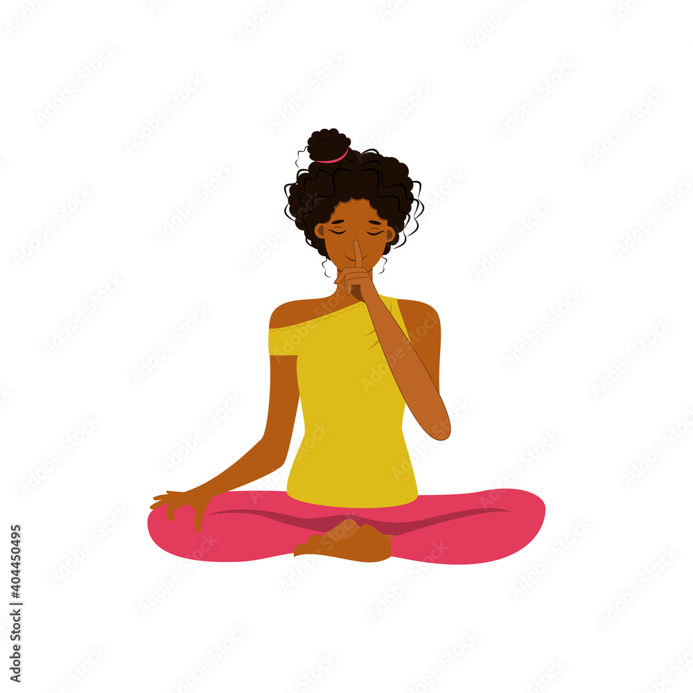 Young woman with closed eyes sitting cross legged on floor and meditating.
Yoga retreat, spiritual practice, Vipassana Buddhist meditation. Flat cartoon vector illustration.
Young woman with closed eyes sitting cross legged on floor and meditating.
Yoga retreat, spiritual practice, Vipassana Buddhist meditation. Flat cartoon vector illustration.