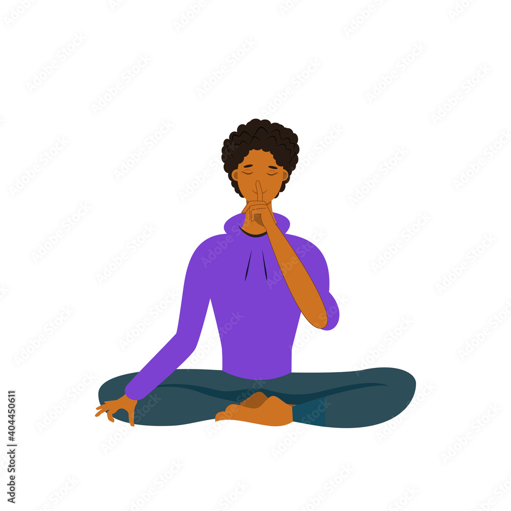 Young man with closed eyes sitting cross legged on floor and meditating ...