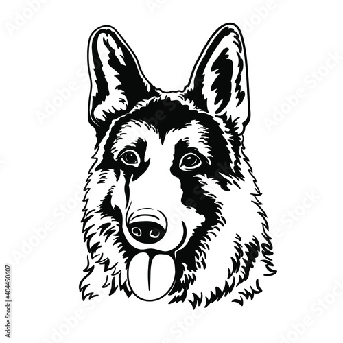 German shepherd. Silhouette. Line art. Template. Close-up. Clip art. Hand Painting. Ink. Black and white. © Yuliia